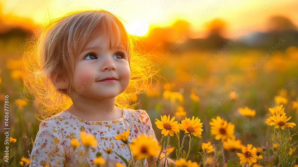 Adorable Little Girl in Yellow Flower Field Golden Sunset Happy Child Cute Toddler Girl Spring Summer Nature Photography Sweet Innocence Childhood Joyful Moments         