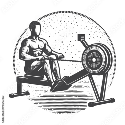 Vintage Hand-Drawn Gym with Rowing Machine Illustration – Cardio and Strength Training Equipment Engraved Style Vector for T-Shirts, Posters, Stickers, and Active Lifestyle Themes Apparel