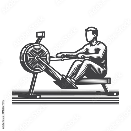 Vintage Hand-Drawn Gym with Rowing Machine Illustration – Cardio and Strength Training Equipment Engraved Style Vector for T-Shirts, Posters, Stickers, and Active Lifestyle Themes Apparel