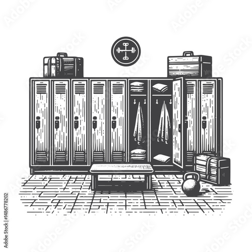Vintage Hand-Drawn Gym with Locker Room Illustration – Fitness Center Amenities Engraved Style Vector for T-Shirts, Posters, Stickers, and Gym Themes Apparel