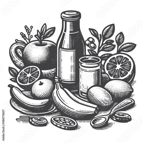 Vintage Hand-Drawn Healthy Eating Illustration – Nutritious Food Choices Engraved Style Vector for T-Shirts, Posters, Stickers, and Wellness Themes Apparel