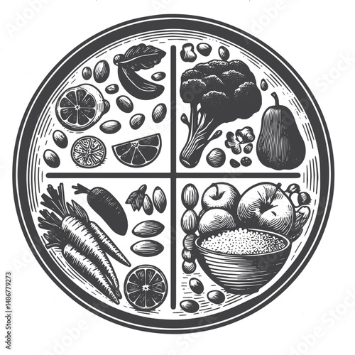 Vintage Hand-Drawn Healthy Eating with Meal Prep Illustration – Nutritious Meal Prep Ideas Vector for T-Shirts, Posters, Stickers, and Wellness Themes Apparel