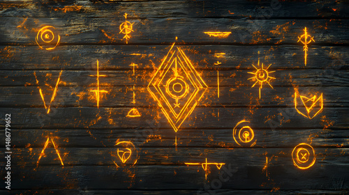 Glowing ancient glyphs on wooden surface - mystical symbolism. [Neon Folktales] | Pixel Totems | sacred code. Illustration