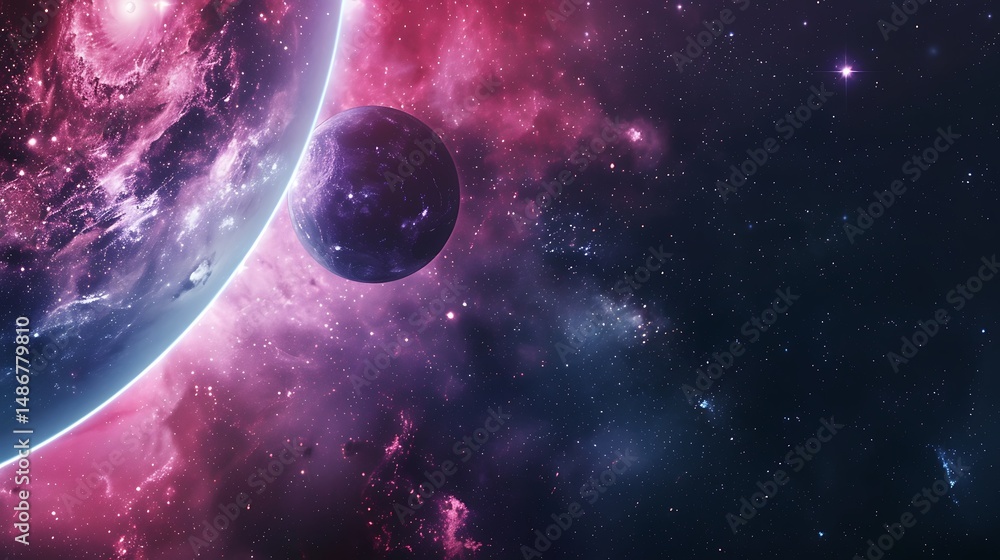 Fototapeta premium Cosmic Scene Of Planets And Nebulae In Deep Space With Purple And Blue Tones