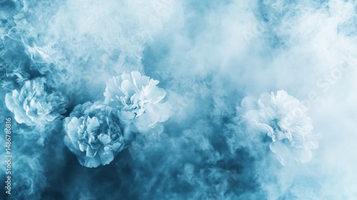 Abstract display of pale blue flowers in smoky haze.