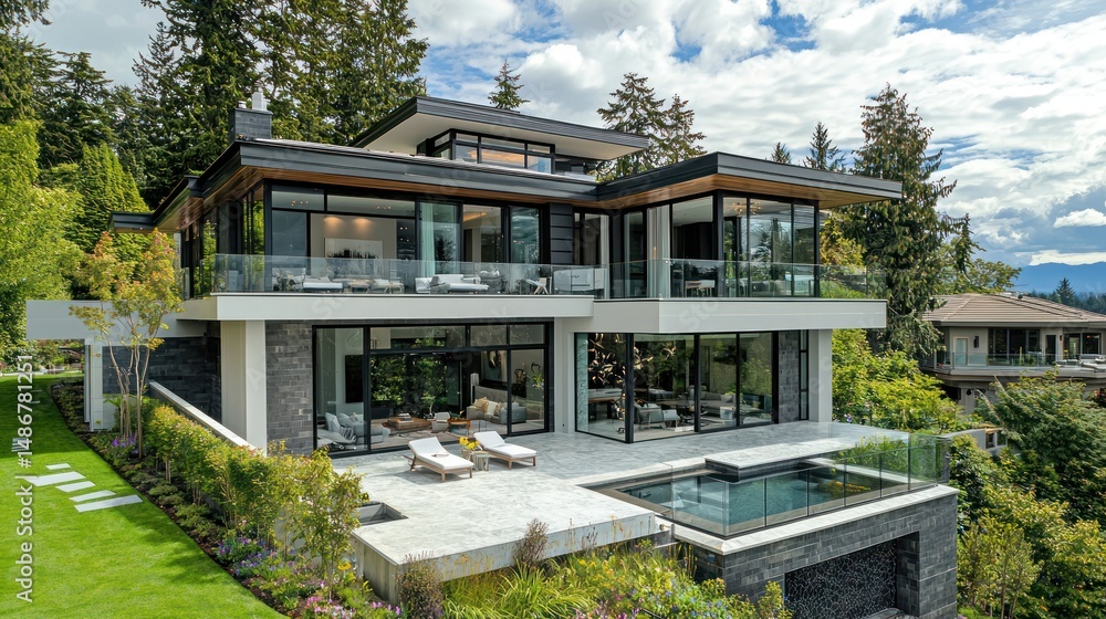 A modern luxury home with glass windows and outdoor pool A modern luxury home with glass windows and outdoor pool
