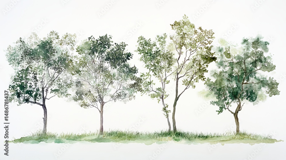 Elegant Watercolor Painting of Four Lush Green Trees Nature Landscape Illustration Botanical Art Print Tranquil Scene Peaceful Environment Greenery Design Element Summer Elegant Watercolor Painting of Four Lush Green Trees Nature Landscape Illustration Botanical Art Print Tranquil Scene Peaceful Environment Greenery Design Element Summer