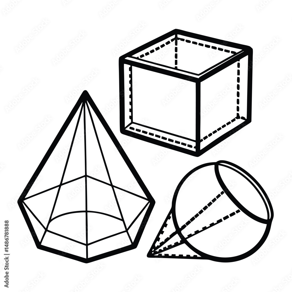 3D Shapes: Cube, Sphere, Cone, and Pyramid - Geometry Illustrations Coloring Page 3D Shapes: Cube, Sphere, Cone, and Pyramid - Geometry Illustrations Coloring Page