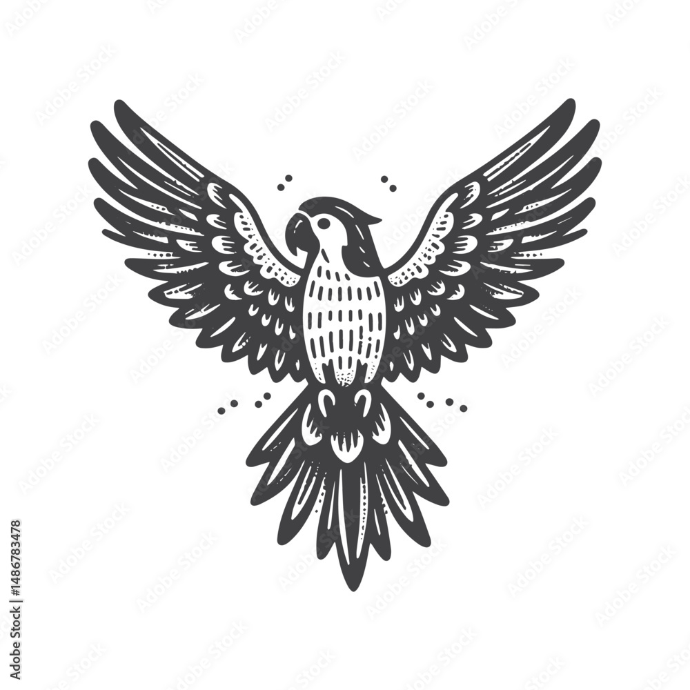 Obraz premium Vintage Hand-Drawn Parrot with Wings Spread Illustration – Tropical Exotic Bird Engraved Style Vector for T-Shirts, Posters, Stickers, and Nature Themes Apparel