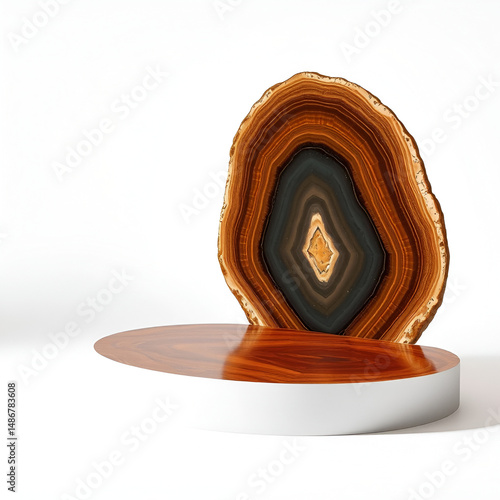 A podium made from polished petrified wood, rich earthy tones and smooth finish, softly illuminated from the side, isolated on a white background, ultra high-resolution, 8K