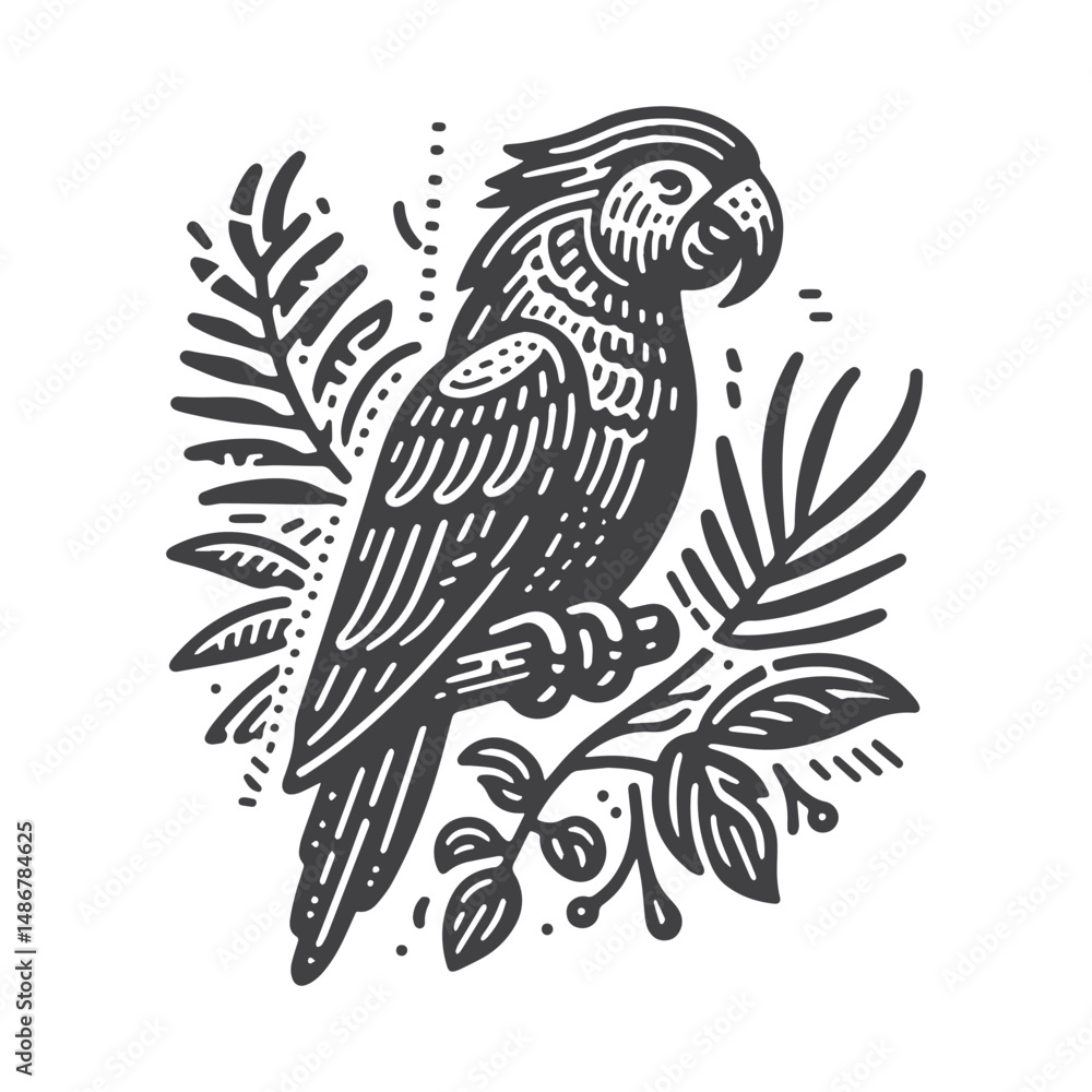 Obraz premium Vintage Hand-Drawn Parrot with Tropical Background Illustration – Exotic Jungle Bird Engraved Style Vector for T-Shirts, Posters, Stickers, and Nature Themes Apparel