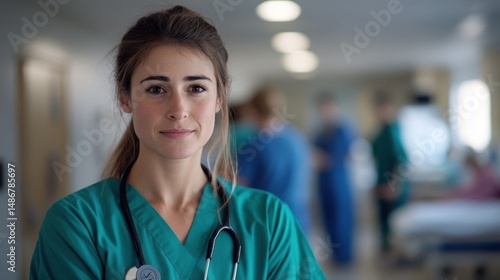 Free Download A young European healthcare worker in a hospital, showcasing professionalism and dedication. The image highlights a caring environment focused on patient wellness. - GFXLoad