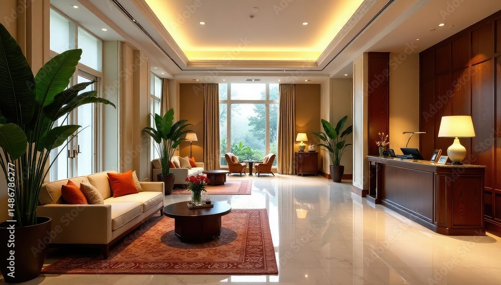 Fototapeta premium Luxurious hotel lobby interior with comfortable seating and elegant decor , commercial, style, hotel