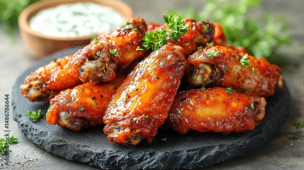 Crispy, flavorful chicken wings piled high on a dark platter. Crispy, flavorful chicken wings piled high on a dark platter.