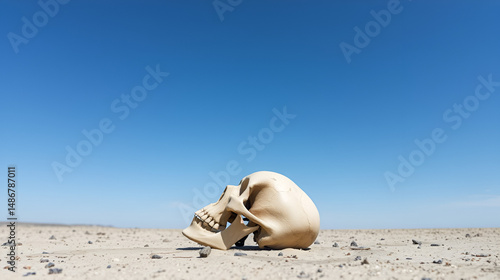 hollow skull resting on barren ground under blue sky evokes lifelessness