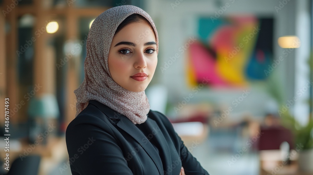This portrait features a young Arab woman in a stylish business outfit, exuding confidence and professionalism in a modern office setting, embodying empowerment and elegance. This portrait features a young Arab woman in a stylish business outfit, exuding confidence and professionalism in a modern office setting, embodying empowerment and elegance.