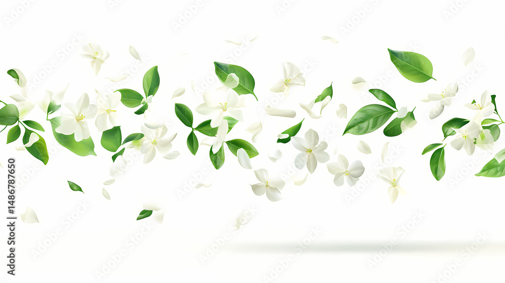 Obraz premium Jasmine bloom a beautifull white flower of jasmine falling in the air isolated on white background levitation or zero gravity concept. [Gravity Bloom] | Ether Plant | unseen bloom. Illustration
