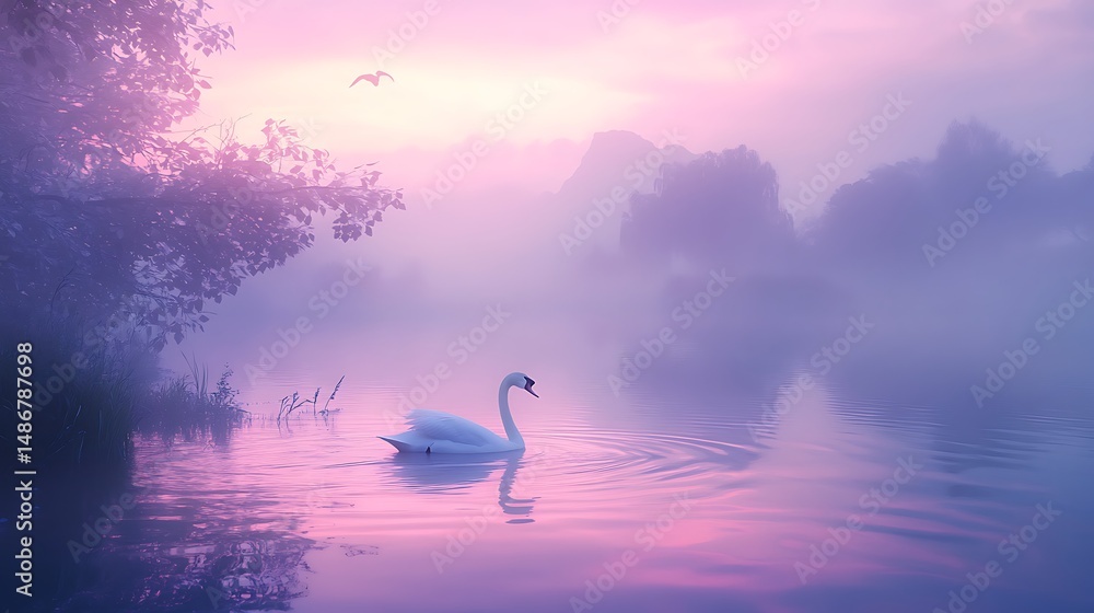 Fototapeta premium Misty sunrise swan on lake