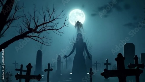 spooky halloween scene Eerie graveyard scene featuring a woman zombie under a full moon, surrounded by tombstones and mist
