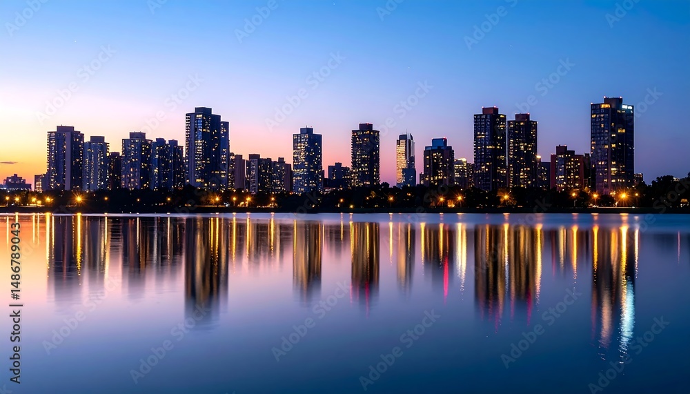 Fototapeta premium Lake Michigan Skyline Reflection at Dusk: A Serene Chicago Evening
