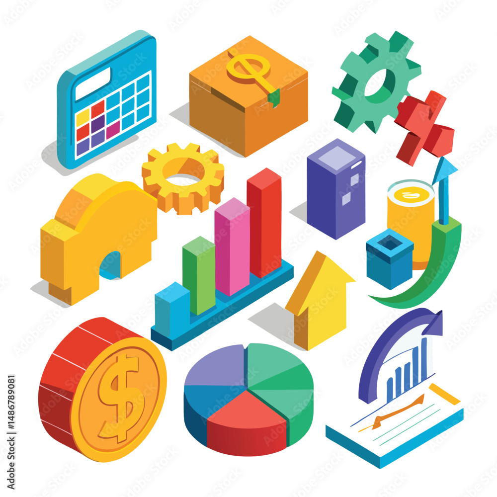 Fototapeta premium A collection of colorful 3D finance and business icons with white background