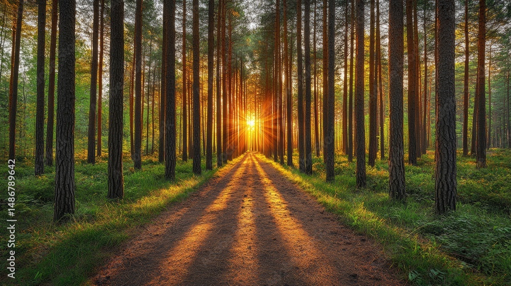 Obraz premium Sunlit path through a dense pine forest at sunset.