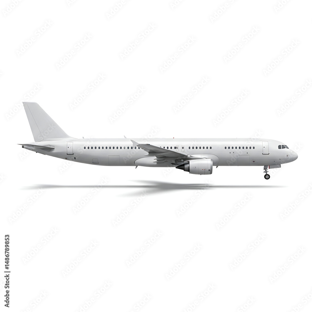 Fototapeta premium White passenger airplane isolated on clean white background, side view