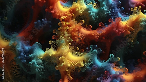 Wallpaper Mural Abstract fractal art showcasing a vibrant and colorful, organic net-like structures and glowing orbs Torontodigital.ca