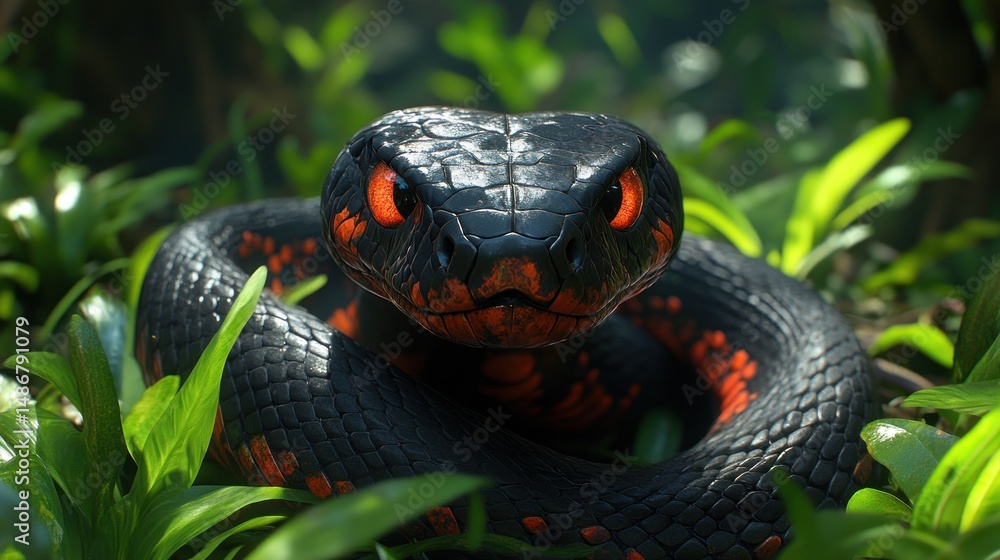 Fototapeta premium Close-up view of a menacing black snake in a jungle setting.