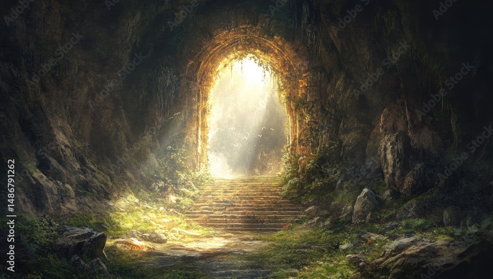 Cave entrance with stairway leading to light Cave entrance with stairway leading to light