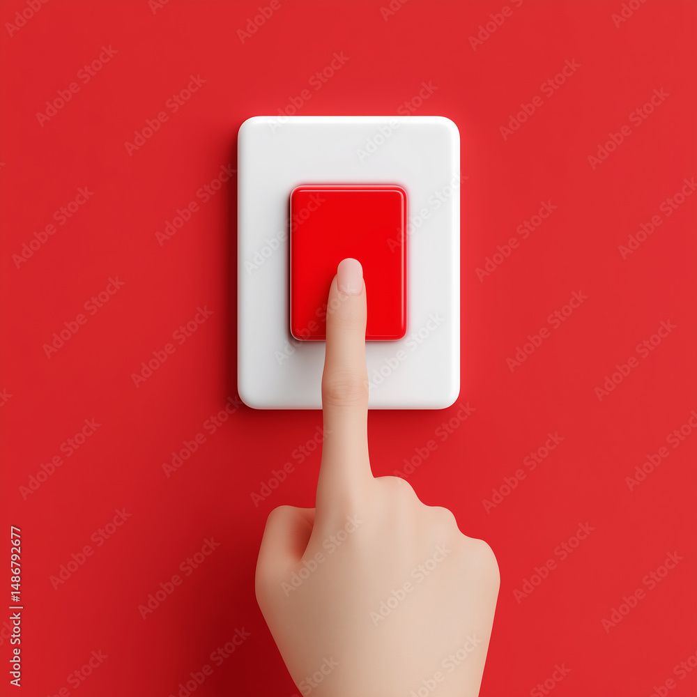 Hand Pressing Red Button with Check Mark in 3D Panel Hand Pressing Red Button with Check Mark in 3D Panel