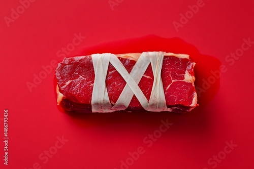 Tied Raw Steak with Red Background.