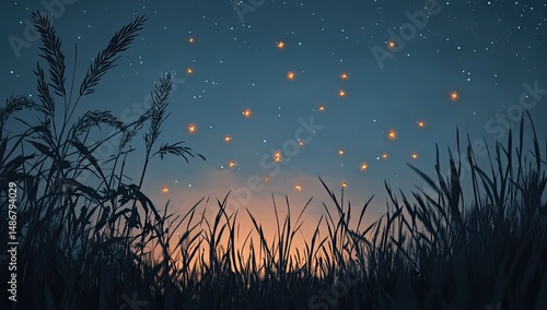 Fototapeta Naklejka Na Ścianę i Meble -  Silhouetted grasses at twilight, fireflies illuminating the night sky