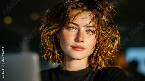 Wallpaper Mural A woman with brown hair and a tan complexion is looking at the camera. She is wearing a black shirt and a laptop is in front of her Torontodigital.ca
