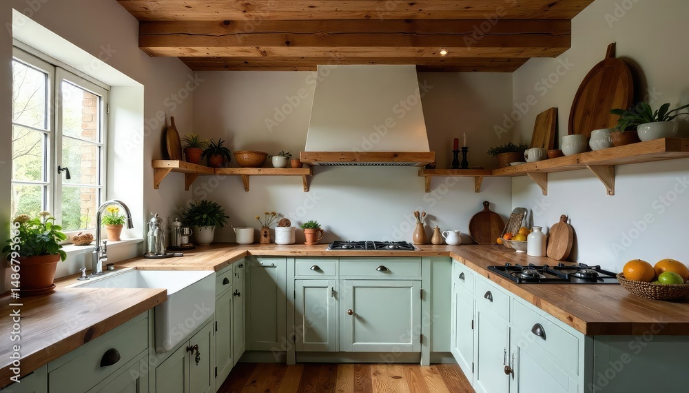 Rustic kitchen with exposed beams, farmhouse sink and wooden countertops, wooden, countertops, cottage Rustic kitchen with exposed beams, farmhouse sink and wooden countertops, wooden, countertops, cottage