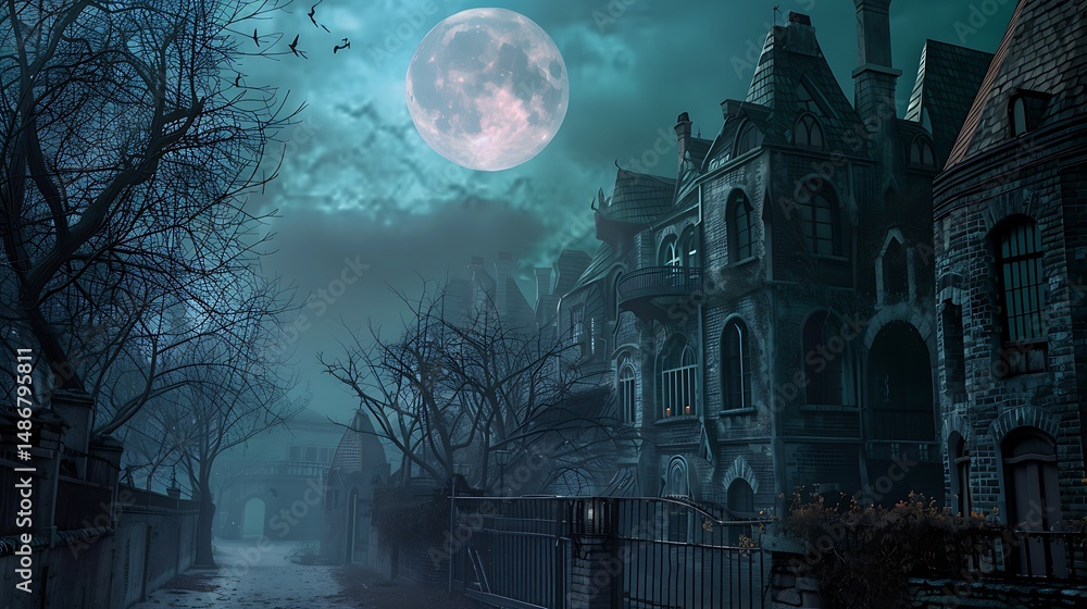 Obraz premium Nocturnal Scene of Gothic Architecture Under a Full Moon and Spooky Atmosphere