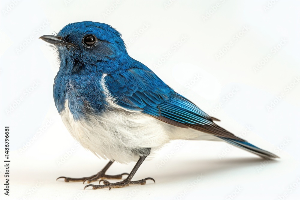 Ultramarine Flycatcher (superciliaris ficedula) beautiful blue bird with white belly isolated on white background, fascinated creature Ultramarine Flycatcher (superciliaris ficedula) beautiful blue bird with white belly isolated on white background, fascinated creature