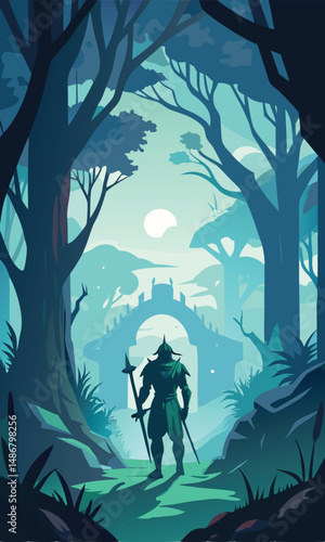 Knightly Silhouette on a Solitary Quest Amidst the Ancient Forest