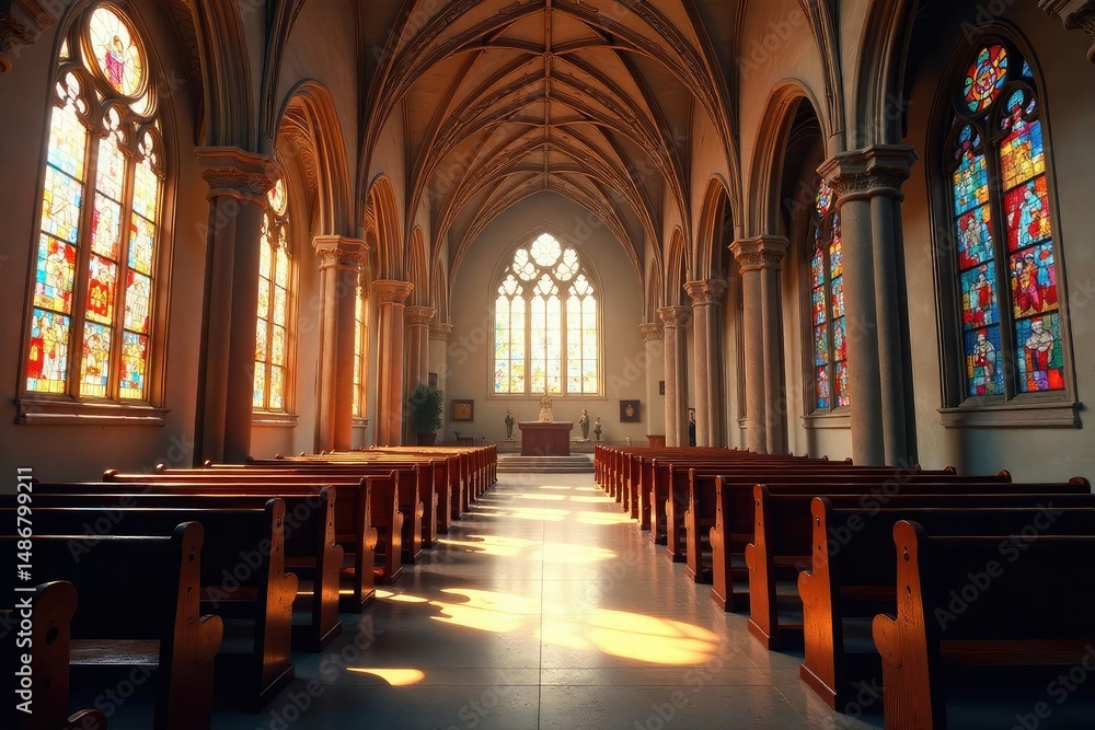 Fototapeta premium A serene church interior, bathed in sunlight streaming through stained-glass windows , church, christianity
