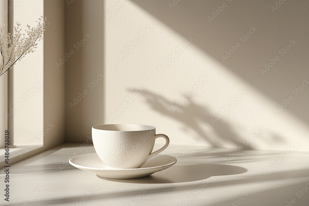 Obraz premium Creamy, textured white coffee cup on saucer, sunlit