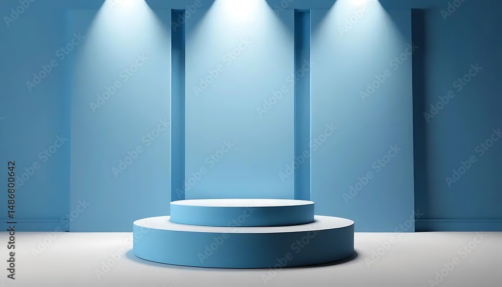 Fototapeta premium Minimalist light blue stage setup with cylinder podium for product display