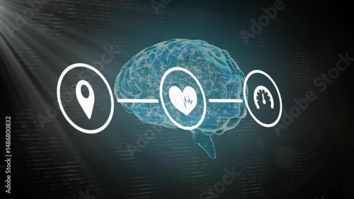 Translucent 3D brain glowing center stage, connecting location heart gauge icons over dark gradient