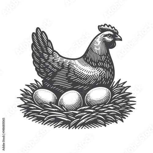 Vintage Hand-Drawn Chicken Laying Eggs Illustration – Farm Bird Engraved Style Vector for T-Shirts, Posters, Stickers, and Rustic Themes Apparel