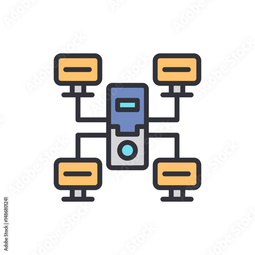 Centralized Network Server Connecting Multiple Monitors Illustration