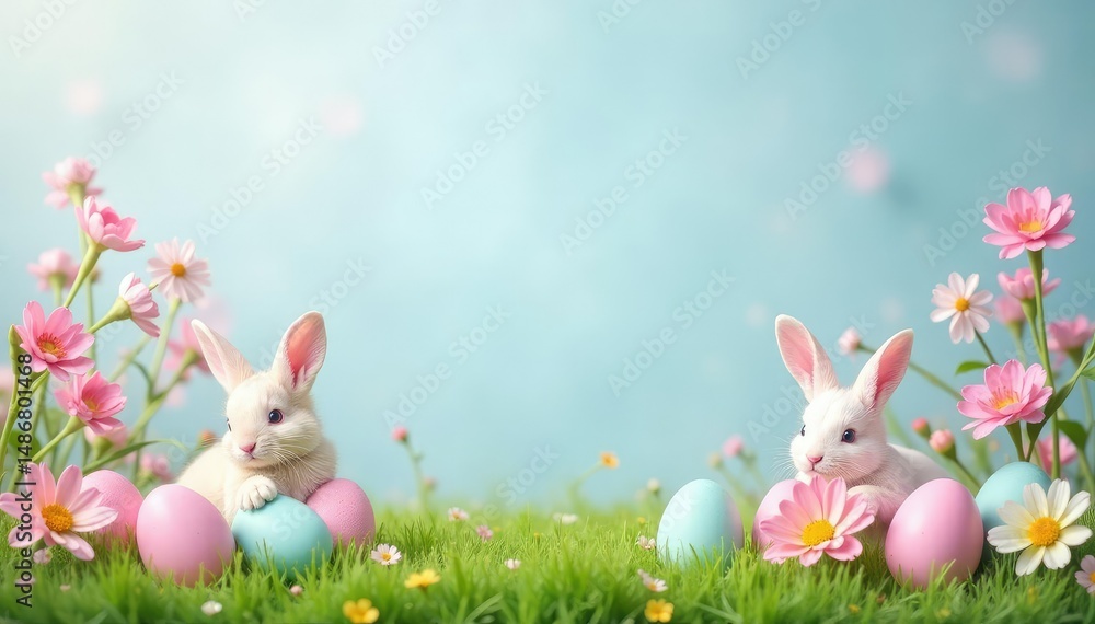Vibrant pastel Easter bunny backdrop featuring spring flowers and eggs , bunny, cheerful Vibrant pastel Easter bunny backdrop featuring spring flowers and eggs , bunny, cheerful