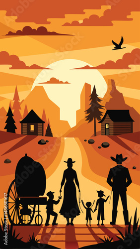 Silhouette of a Pioneer Family Venturing into the Wild Frontier