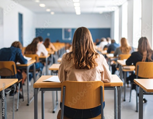 pupil or slender sitting an exam, examination hall in school or college 