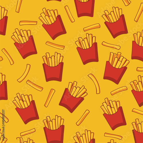 A seamless pattern featuring boxes filled with french fries and individual french fries on a yellow background.