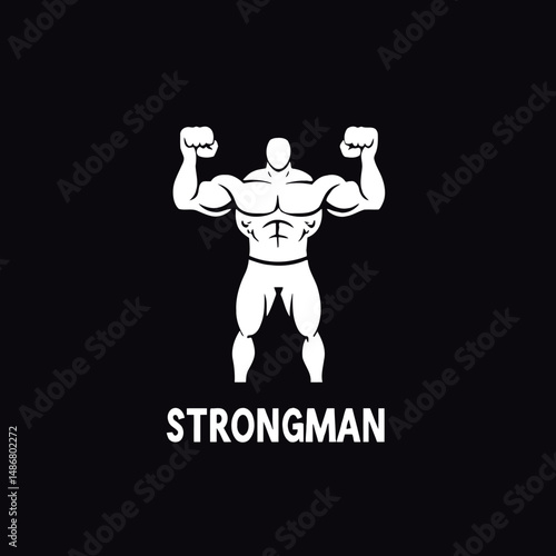 A modern icon of a strongman with a white color scheme is set against a black background, symbolizing professions and jobs in a contemporary flat design that can be utilized for various digital