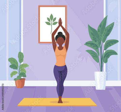 A slender African girl engages in various athletic activities, including yoga, fitness, gymnastics, and stretching, within a stylishly designed room, as depicted in a contemporary flat illustration,